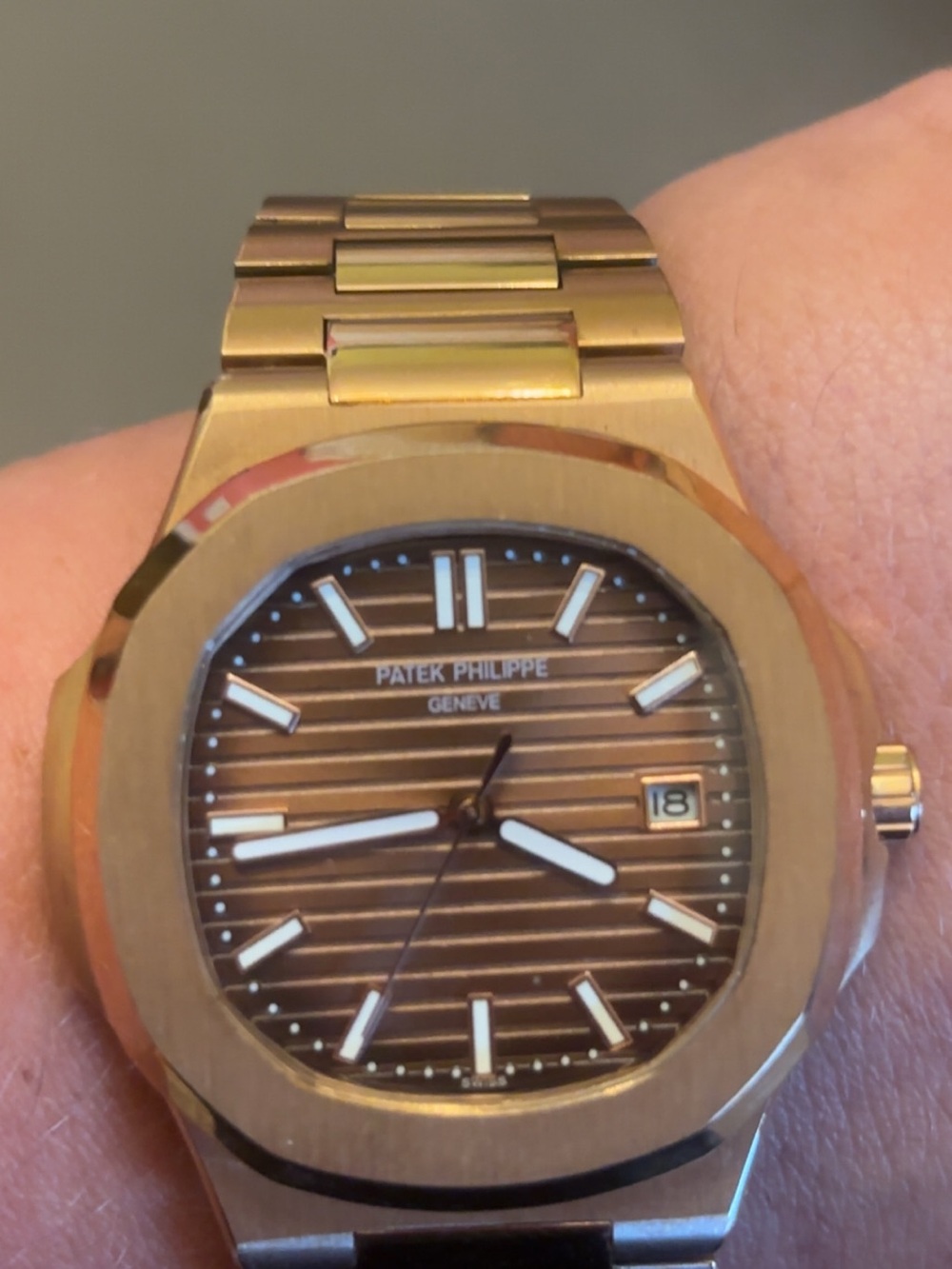 Patek Philippe Gold Bracelet Watch with Brown Striped Dial